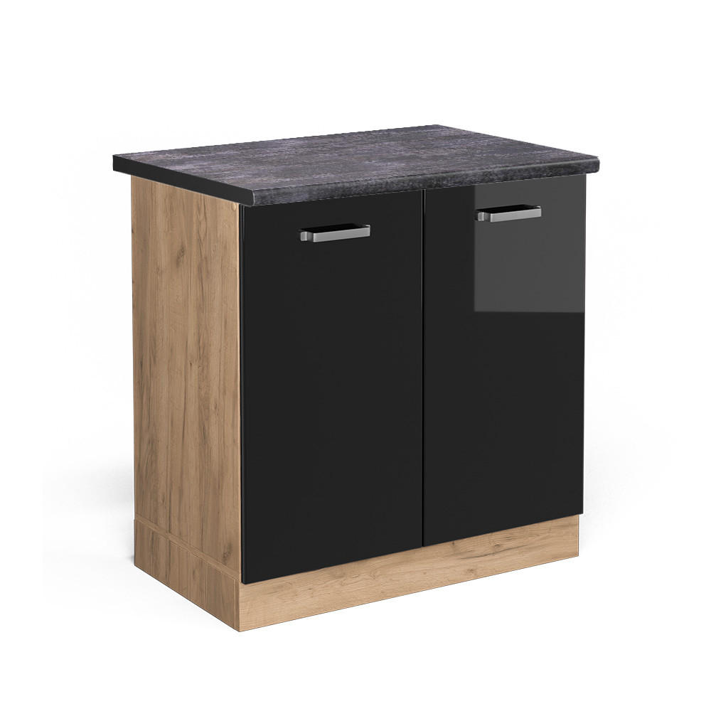 SPÜLENUNTERSCHRANK R-Line Schwarz Hochglanz 80 cm, AP Anthrazit - Honigeiche/Schwarz Hochglanz, Holzwerkstoff (80/81.6/60cm) - Vicco