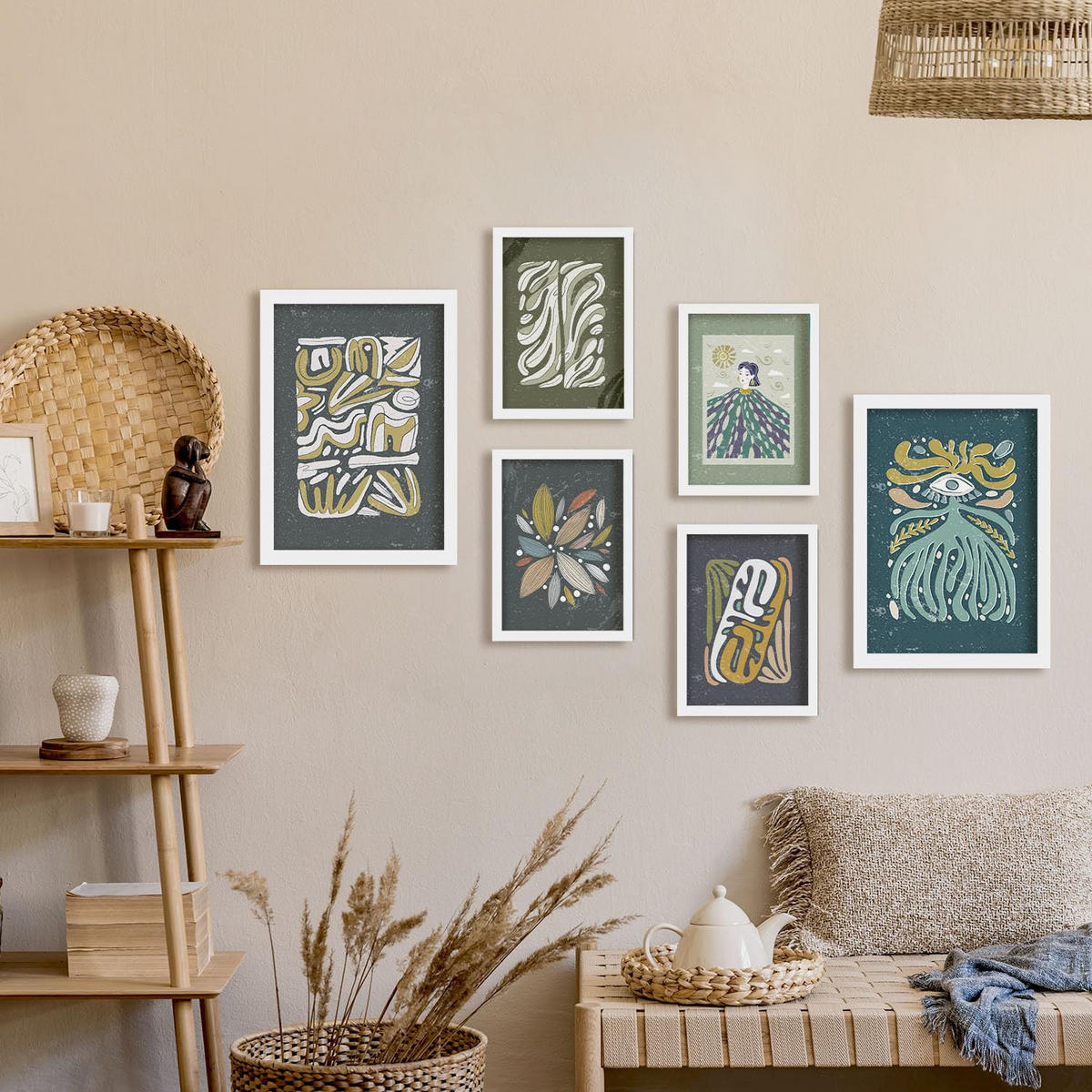 POSTER Set Mit 6 Drucken Mit Kalten Tönen In Der Sammlung Ethnischer Style Drucke Dekorative Rahmen Für Zuhause Wandkunstdruck A3 & A4 Weißer Rahmen - Weiß, Papier (29/3cm) - Nacnic