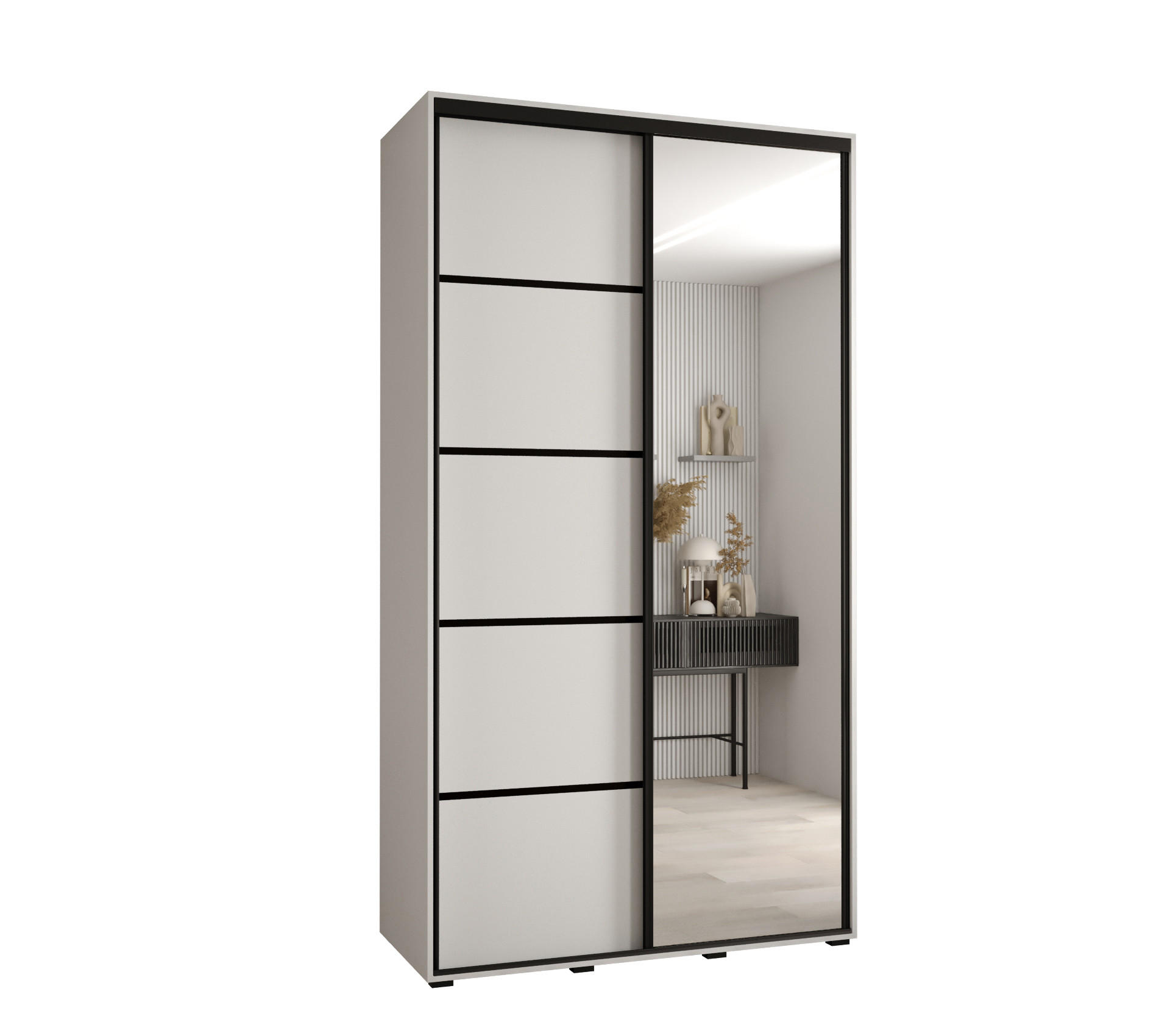 Abiks Möbel Schwebetürenschrank Weiß, Weiß, Schwarz 140x235x60 cm