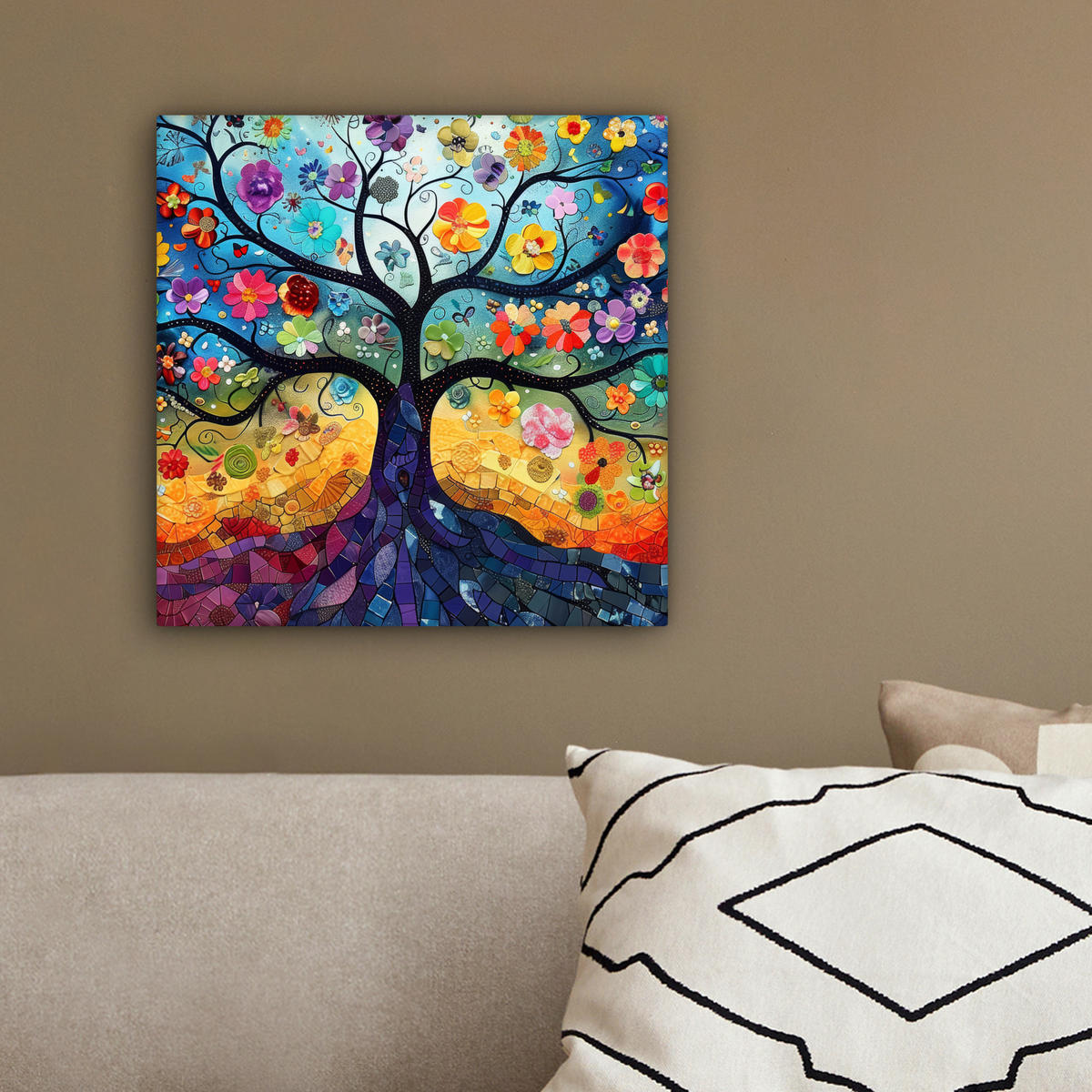 LEINWANDBILD Kunst - Baum des Lebens - Blumen - Hippie 20x20 cm - Dunkelblau, Textil (20/20cm) - MuchoWow