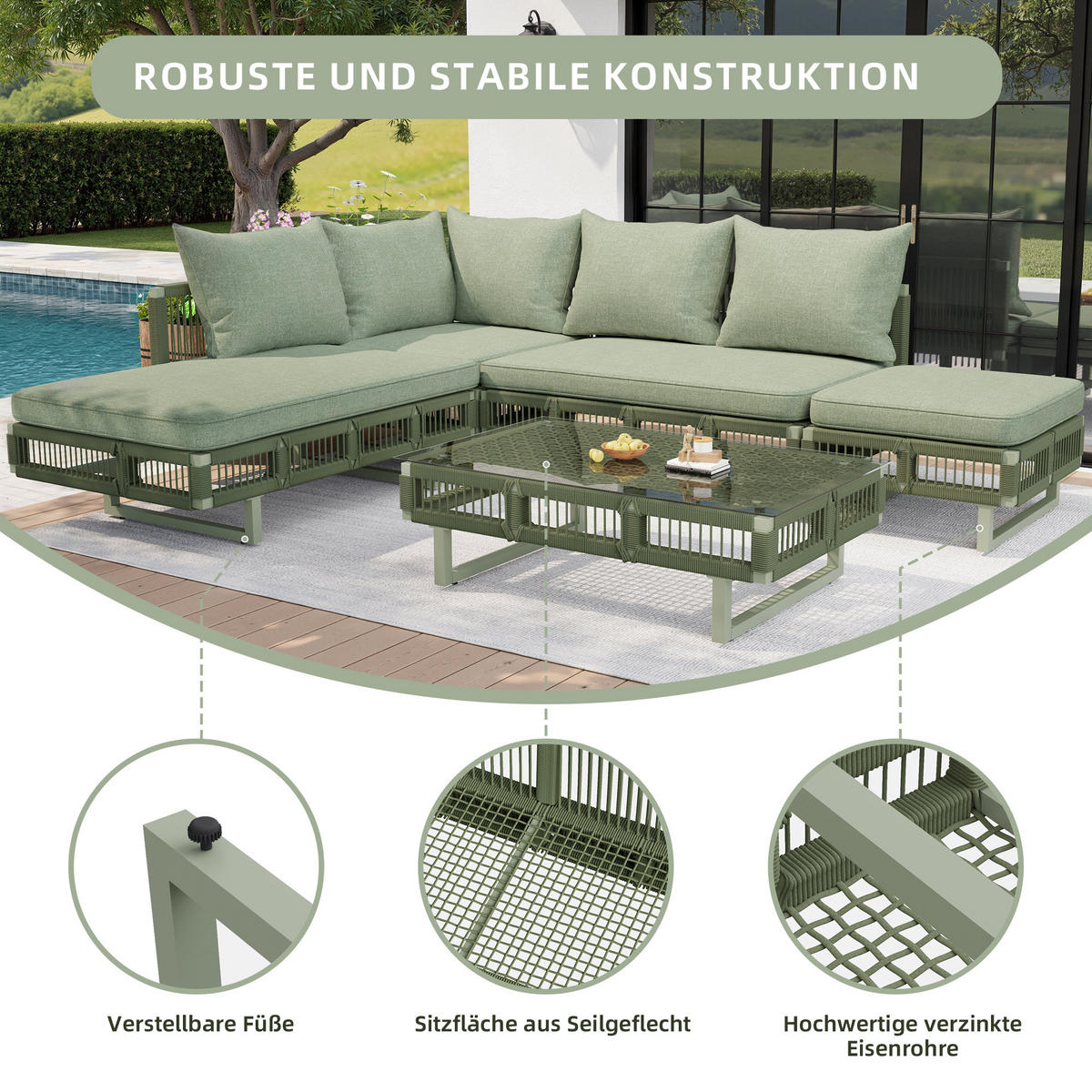 LOUNGESET, Seilgeflecht, Verstellbare Füße, Glas-Couchtisch, Grün - Grün, Metall - FLIEKS