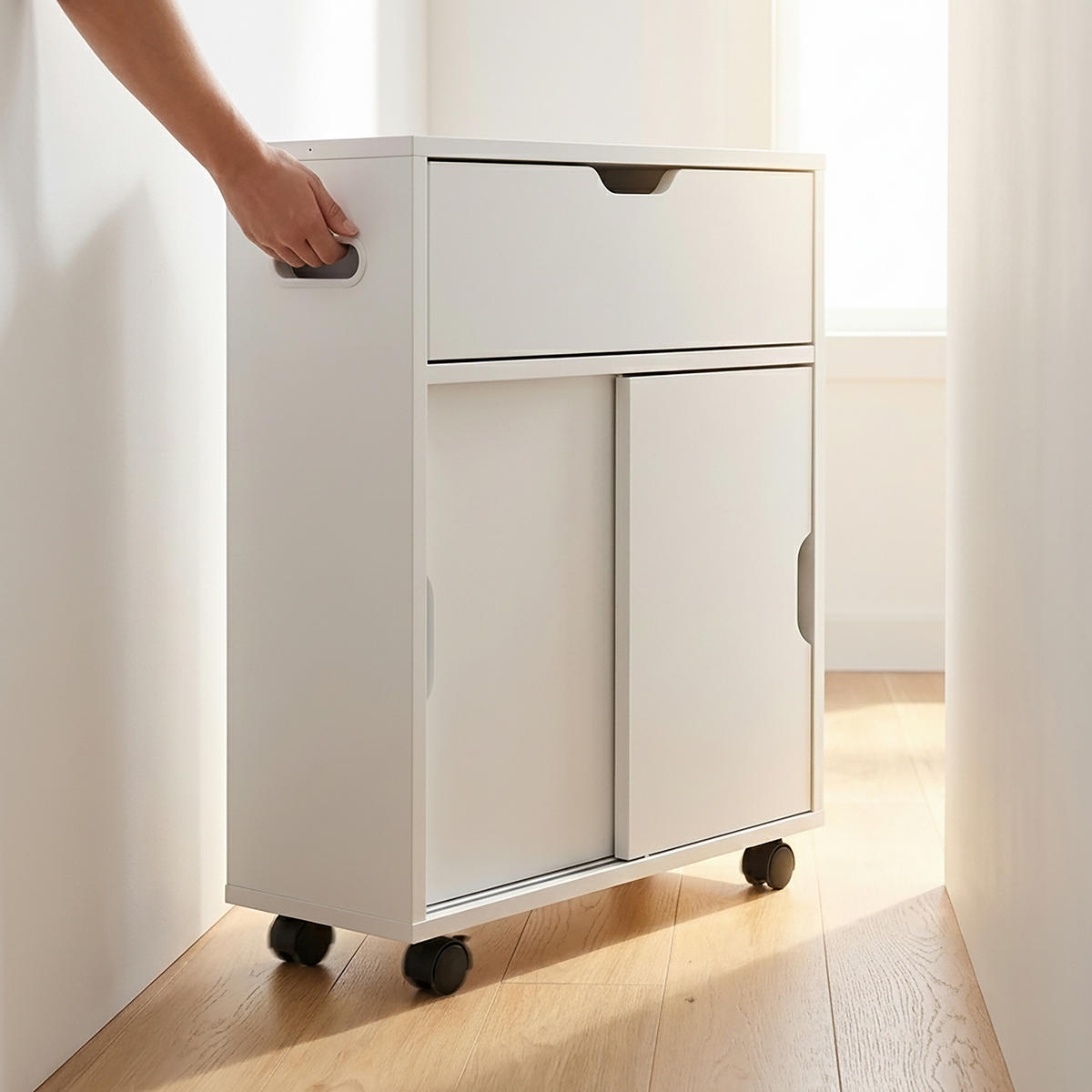 NISCHENSCHRANK Weiß 4 Fächer mit Rollen MDF 67x17x52 cm - Weiß, Holzwerkstoff/Kunststoff (17/67/52cm) - Relaxdays