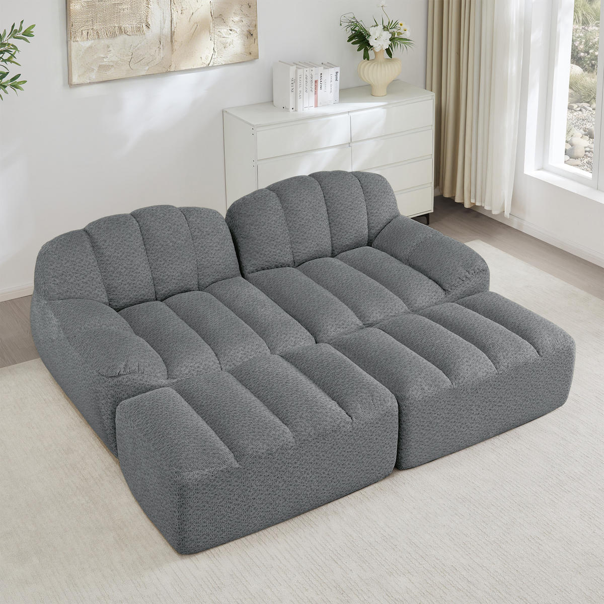 2-SITZER SOFA Granulierter Fleece Grau mit 2 Ottomans - Grau, Textil (210/79/165cm) - WISHDOR