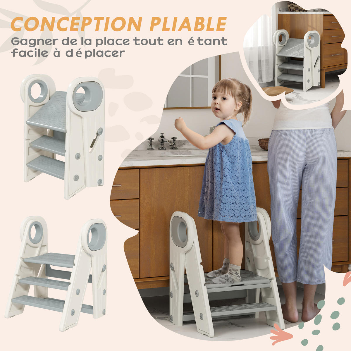 KINDERTRITTHOCKER DE-17237 3-fach höhenverstellbar & klappbar Grau - Grau, Naturmaterialien (47/61.5/46.5cm) - ComfortXL