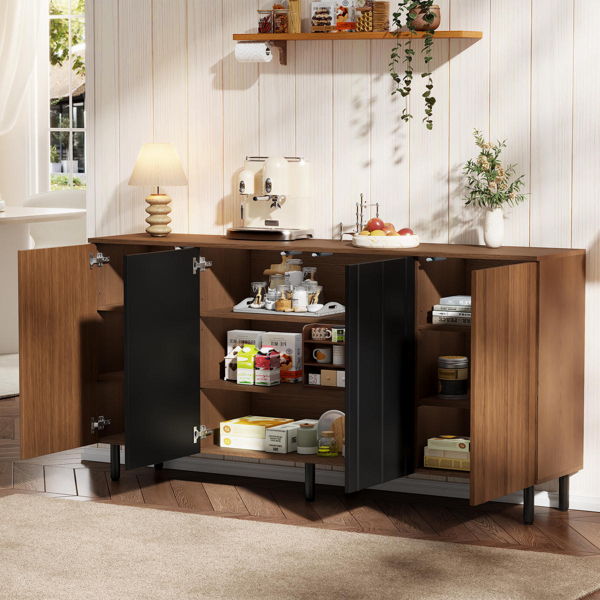 SIDEBOARD in Walnussfarben und Schwarz mit 4 Schranktüren für Küche, B160/T35/H80 cm - Walnussfarben/Schwarz, Holzwerkstoff (160/80/35cm) - STILVORA