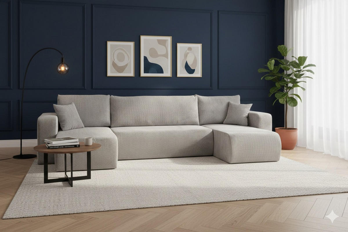 WOHNLANDSCHAFT LUNA U-FORM mit Schlaffunktion und Bettkasten (Hellgrau) - Hellgrau, Textil (312/83/142cm) - VENASI MÖBEL