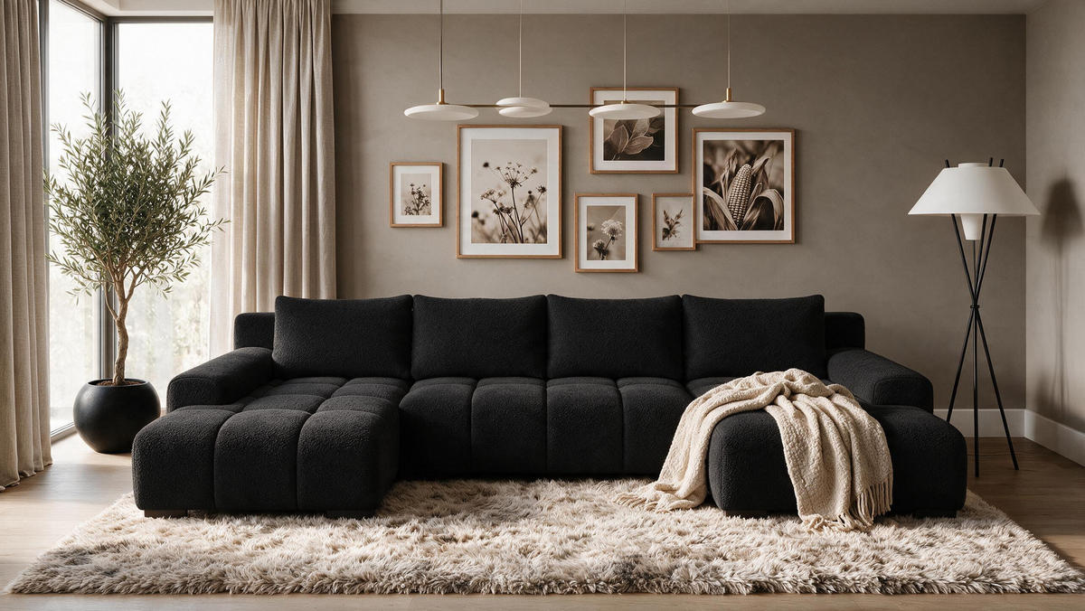 WOHNLANDSCHAFT OVIA U mit Bettkasten und Schlaffunktion, Bouclé-Stoff in U-Form - Schwarz, Textil (350/80/185cm)