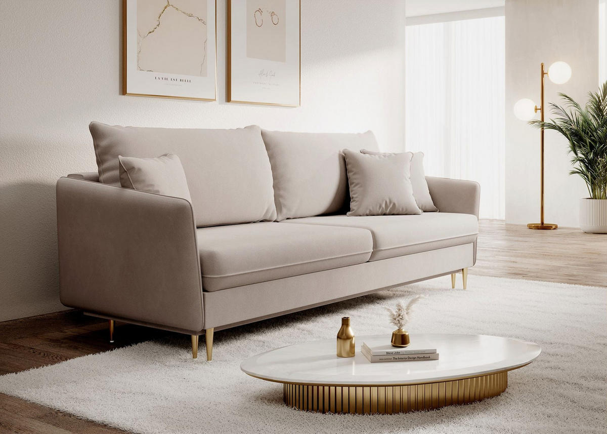3-SITZER SCHLAFSOFA Volio Samt Graubeige - Taupe/Goldfarben, Textil/Metall (221/90/100cm) - Selsey