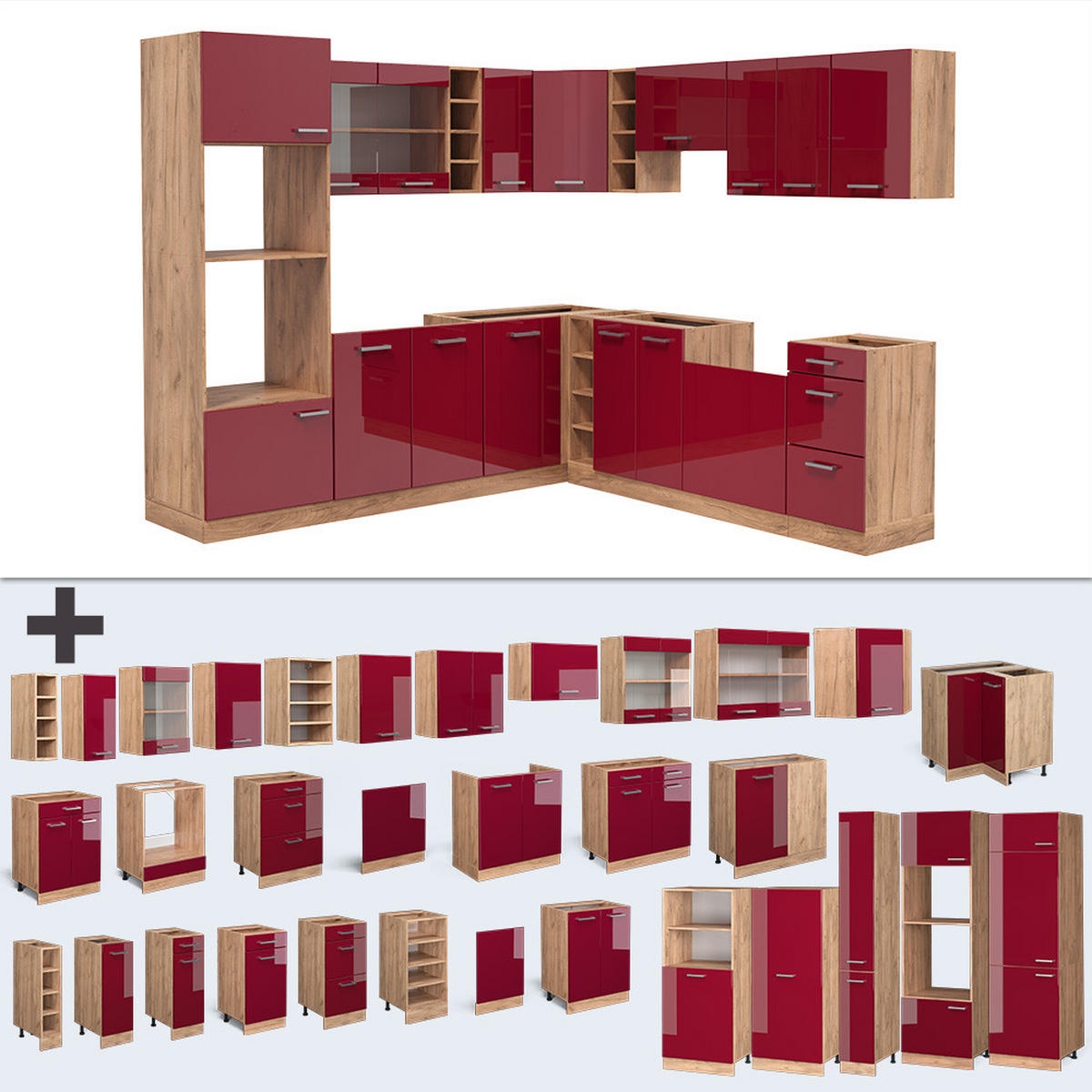 ECKKÜCHE R-Line Rot Hochglanz/Goldkraft Eiche 247 x 46 cm ohne Arbeitsplatte - Rot/Eiche Wotan, Holzwerkstoff (247/81.6/46cm) - Vicco