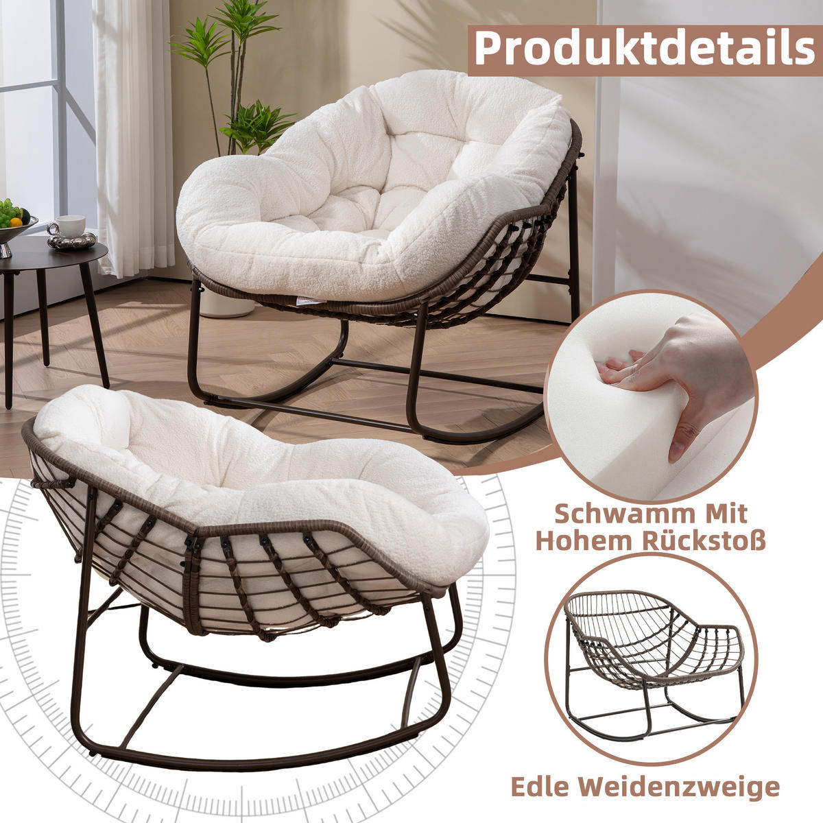 SCHAUKELSTUHL Schaukelsessel Garten,Rattanstuhl mit Stahlrahmen,Weiß-Fleece - Weiß, Metall (94.5/80/111cm) - LVHOM