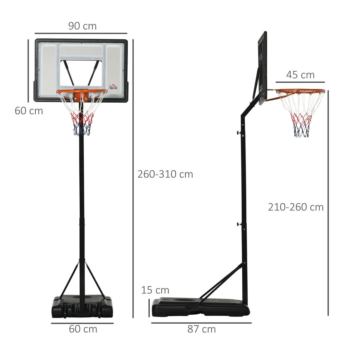 BASKETBALLSTÄNDER mit Rädern rollbar 210-260 cm höhenverstellbar Stahl Schwarz - Schwarz, Metall (60/90cm) - HOMCOM