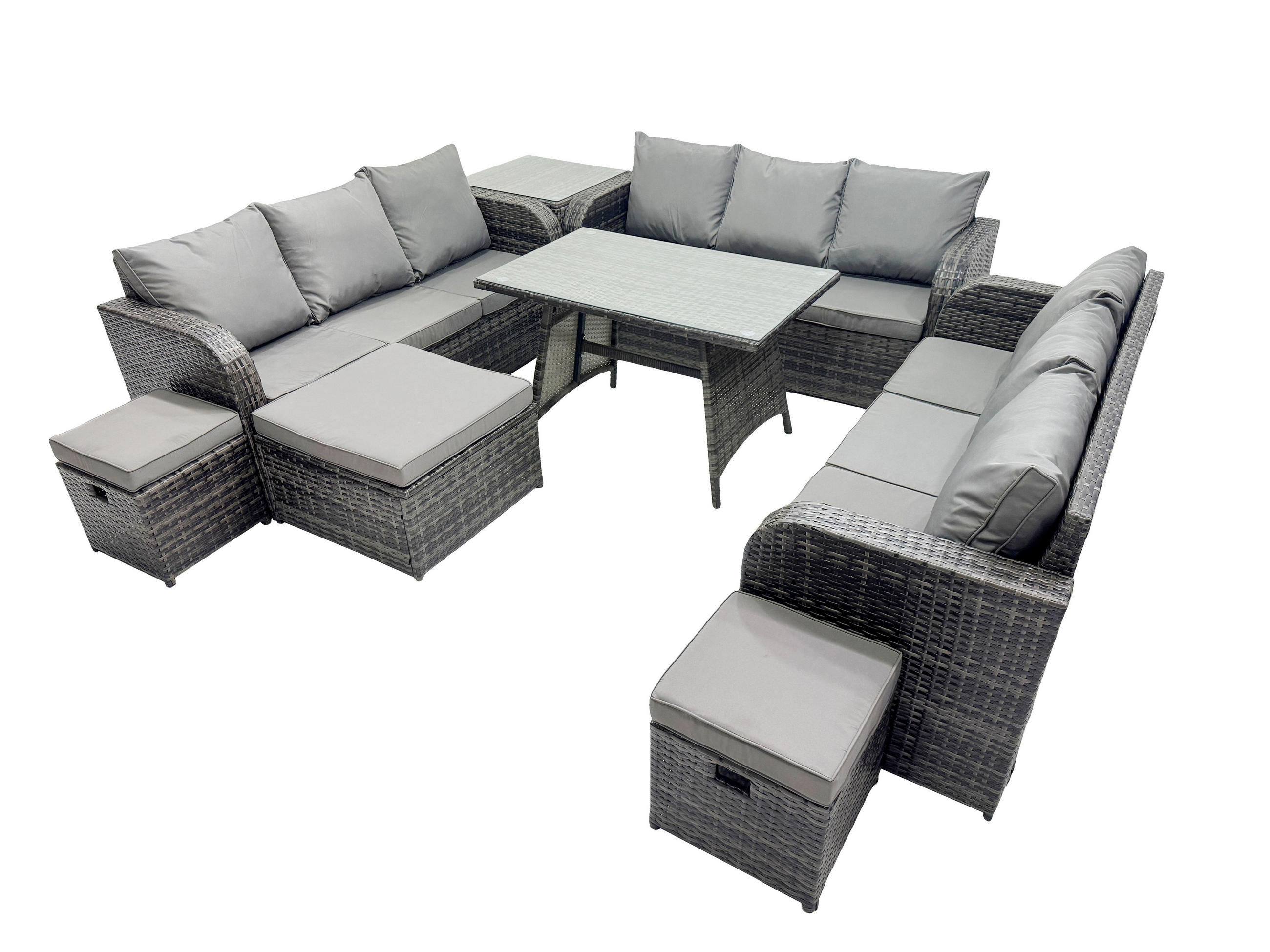 GARTENMÖBELSET mit ESSTISCH, 3-SITZER SOFA Polyrattan 12-Sitzer - Dunkelgrau/Grau, Glas/Kunststoff - Fimous