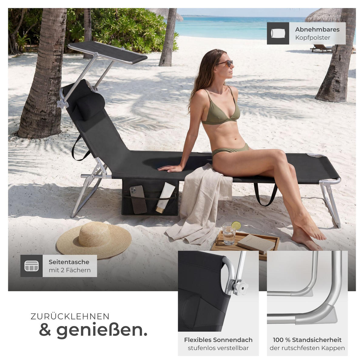 SONNENLIEGE Chloé, 190 x 68 x 111 cm, mit Seitentasche, schwarz - Schwarz, Kunststoff (68/111/161cm) - tectake
