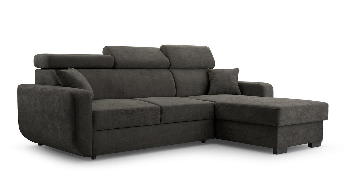 ECKSOFA CASTELLO Grau Plüsch-Stoff mit Schlaffunktion - Grau, Holz (236/165cm) - MASSENO
