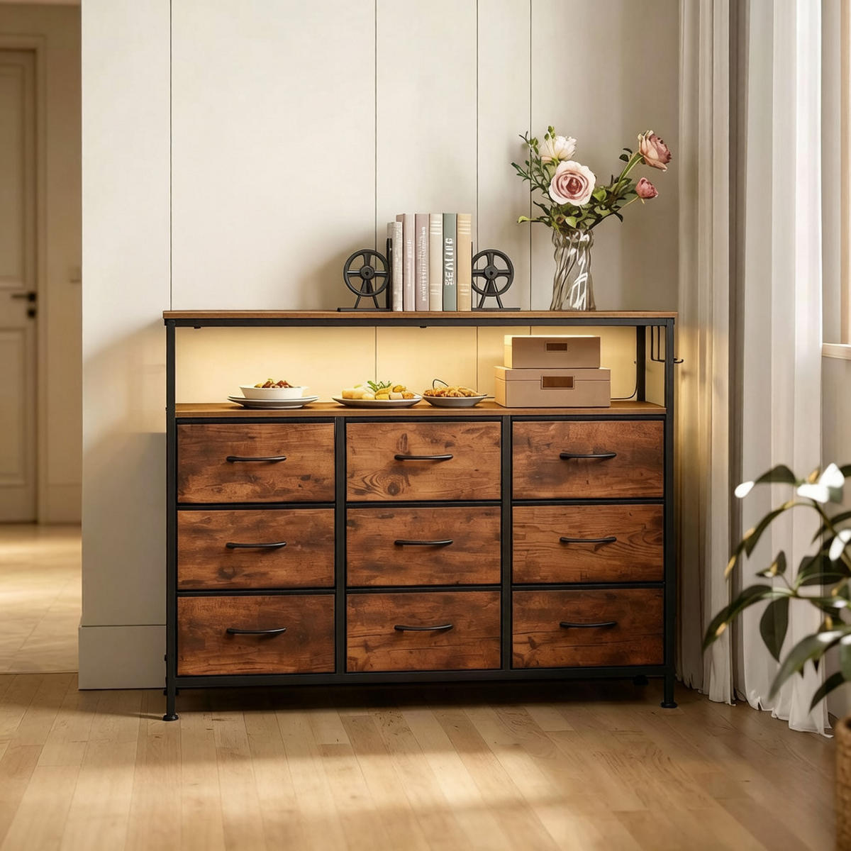 KOMMODE DE-38085 110/30/85 cm mit 9 Schubladen und LED-Beleuchtung Rustikal-Braun/Schwarz - Braun, Holzwerkstoff (110/85/30cm) - ComfortXL