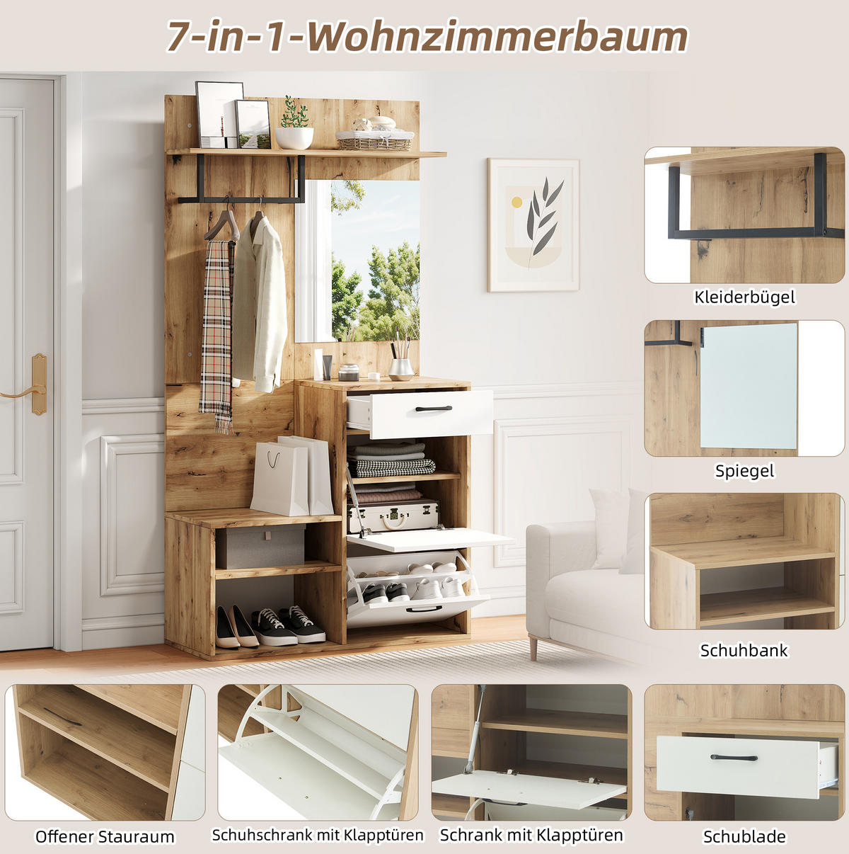 DIELENGARDEROBE mit Spiegel und Sitzbank 100/38,5/190 cm in Weiß/Natur - Weiß, Holzwerkstoff (100/190/38.5cm) - BEAOK