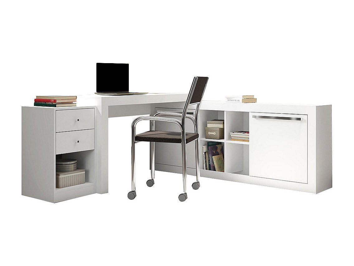ECKSCHREIBTISCH mit 2 Schubladen & 2 Türen - Weiß - EVAN - Weiß, Holz (159.9/175.5/75.3cm) - Vente-Unique