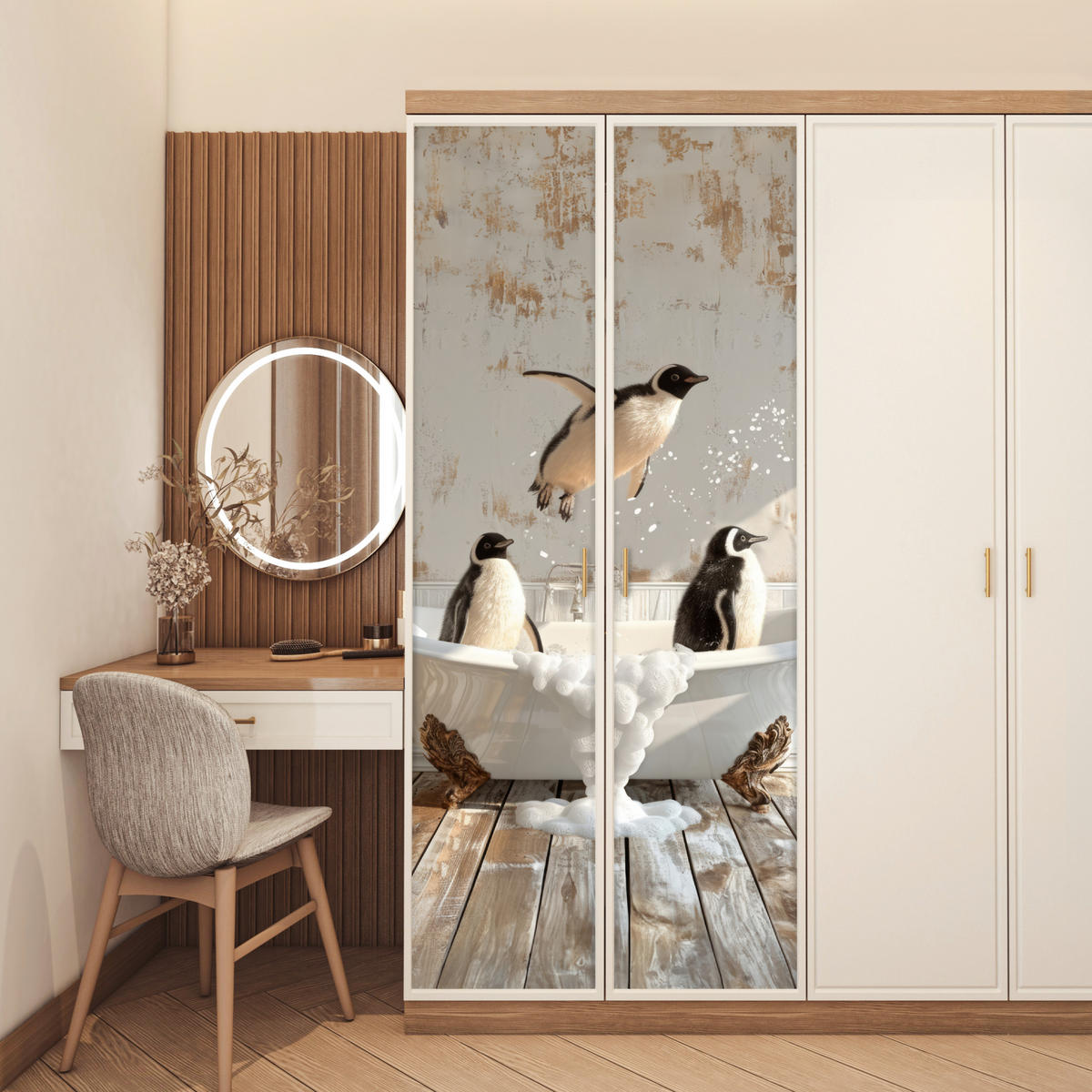 FOTOTAPETE Tür - Vintage - Pinguin - Badewanne - Schaumstoff 75x205 cm - Hellbraun, Kunststoff (75/0.1cm) - MuchoWow