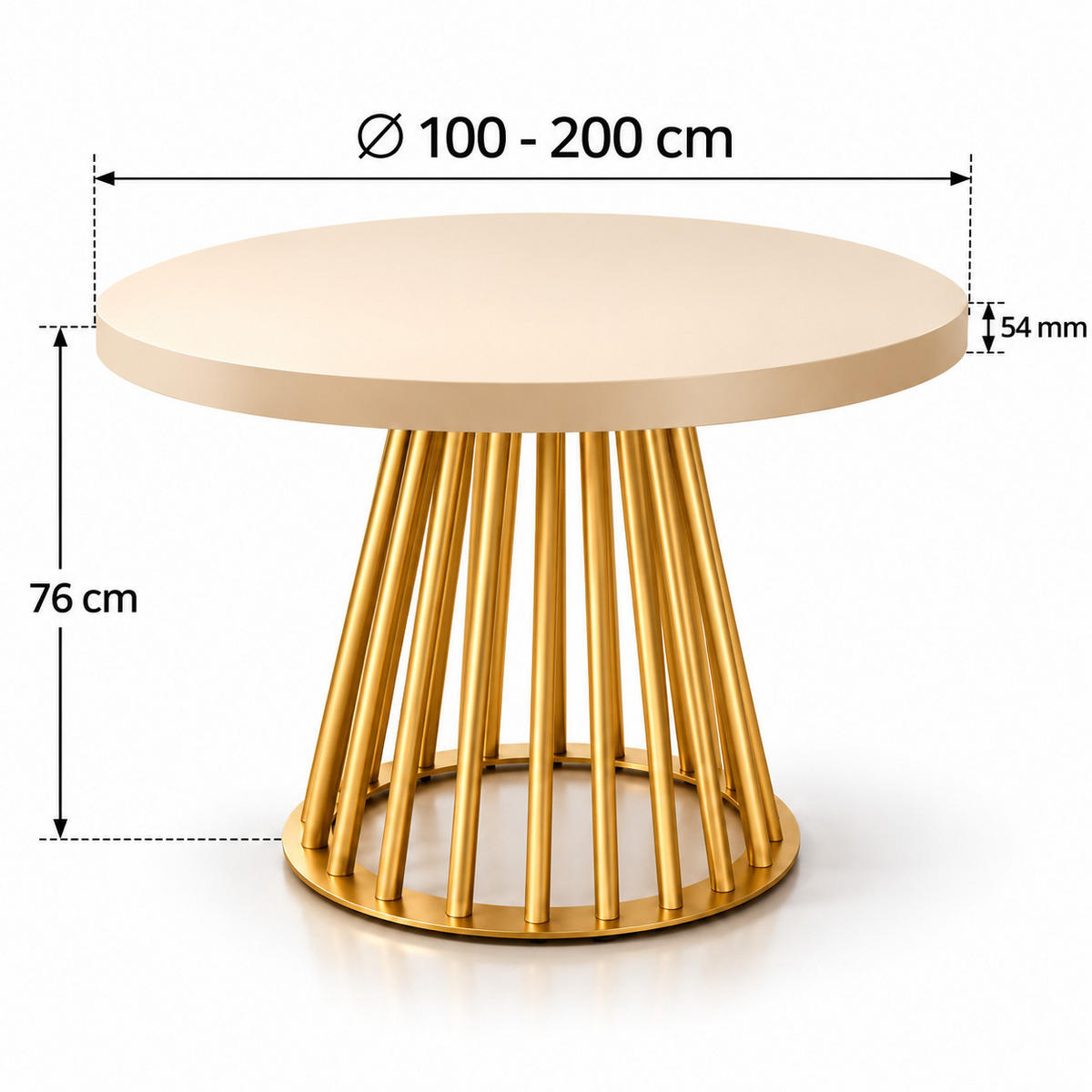 ESSTISCH rund ausziehbar 100/200/76 cm, Kaschmir, 54 cm Tischplatte + Lamellen-Metallgestell Gold - Kaschmir/Goldfarben, Holzwerkstoff/Metall (100/200/76cm) - Damale Möbel