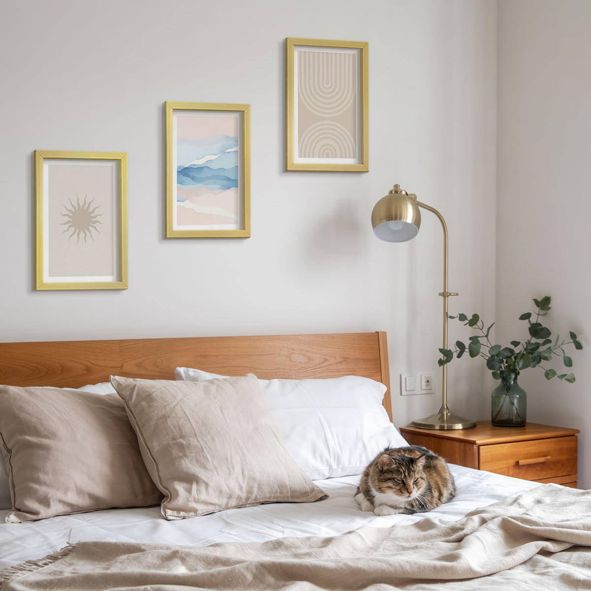 WANDBILDER 3er Set - 20x30 cm Goldrahmen - Sonnenwellen abstrakte Linien Pastell - Goldfarben, Kunststoff (20/30cm) - ArtPrintCave