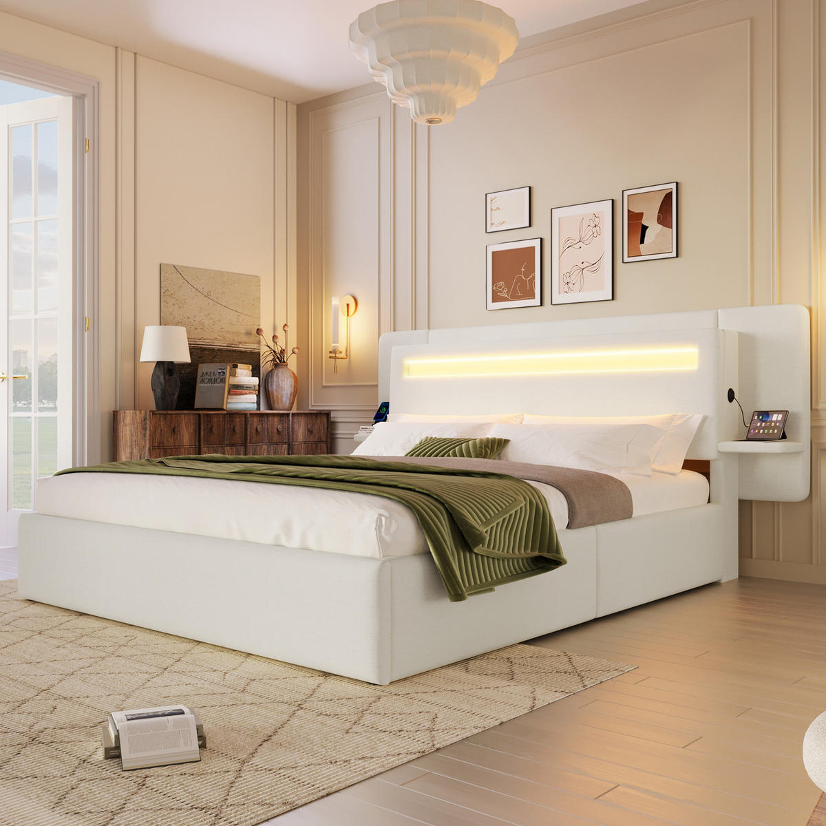 POLSTERBETT 140 x 200 cm in beige, mit hydraulischem Stauraum und integriertem Nachttisch - Beige, Textil (140/200cm) - KOMHTOM