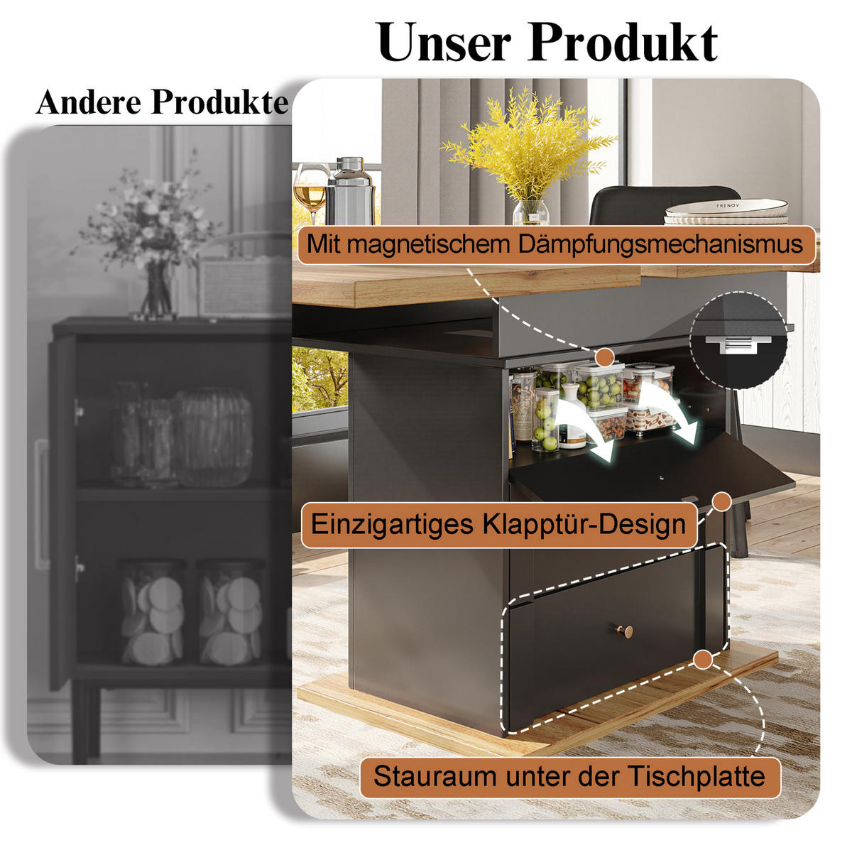 ESSTISCH 110-140/80/75 cm in Schwarz/Natur aus MDF mit Stauraum - Schwarz, Holzwerkstoff (110/80/75cm) - Flora Grace