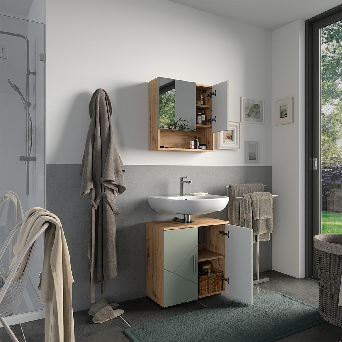 BADMÖBEL-SET Irma Salbeigrün 2 Teile - Salbeigrün/Hellgrau, Holzwerkstoff (60/59/30cm) - Vicco