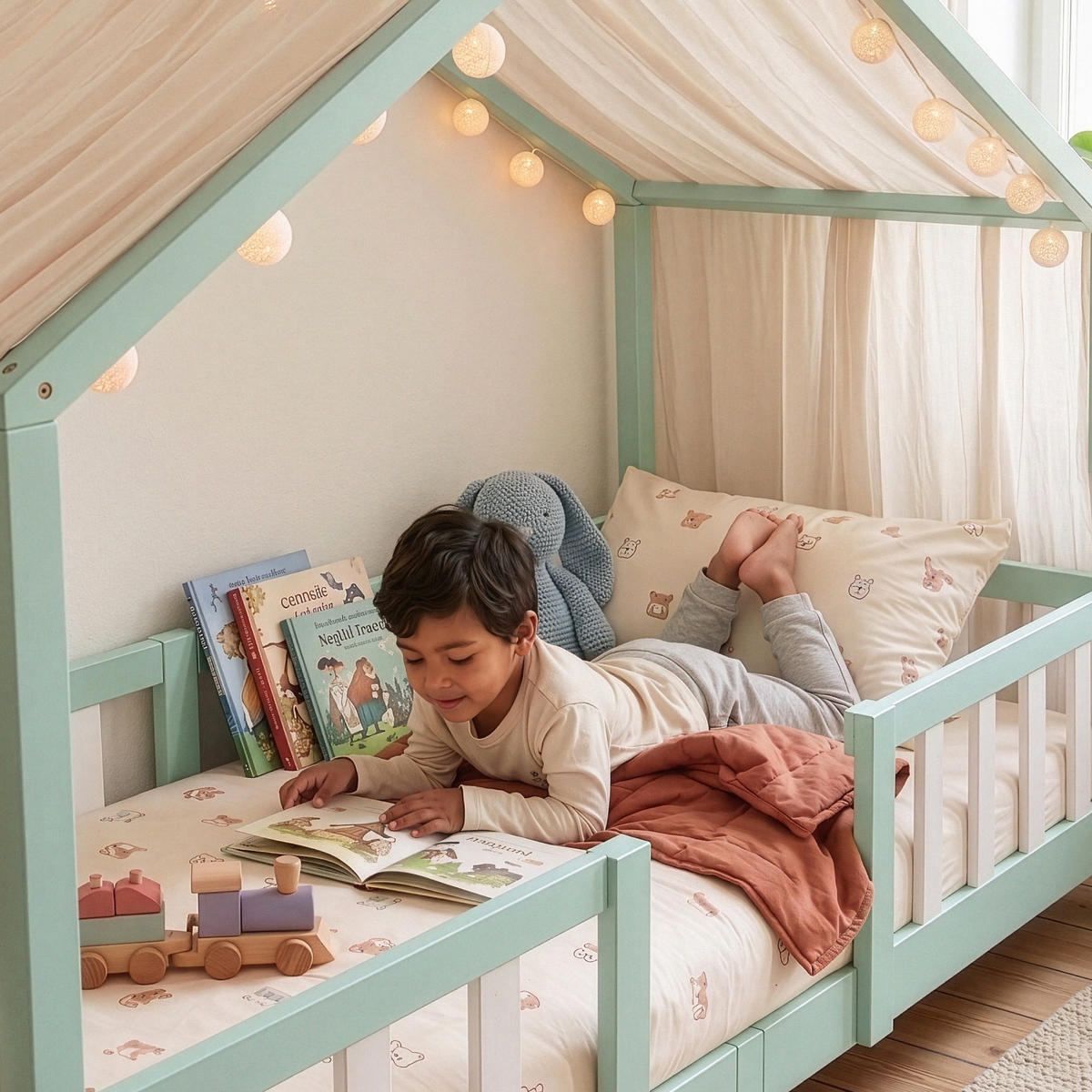 HAUSBETT Treviolo - Weiß/Mintgrün, Holz (90/200cm) - [en.casa]