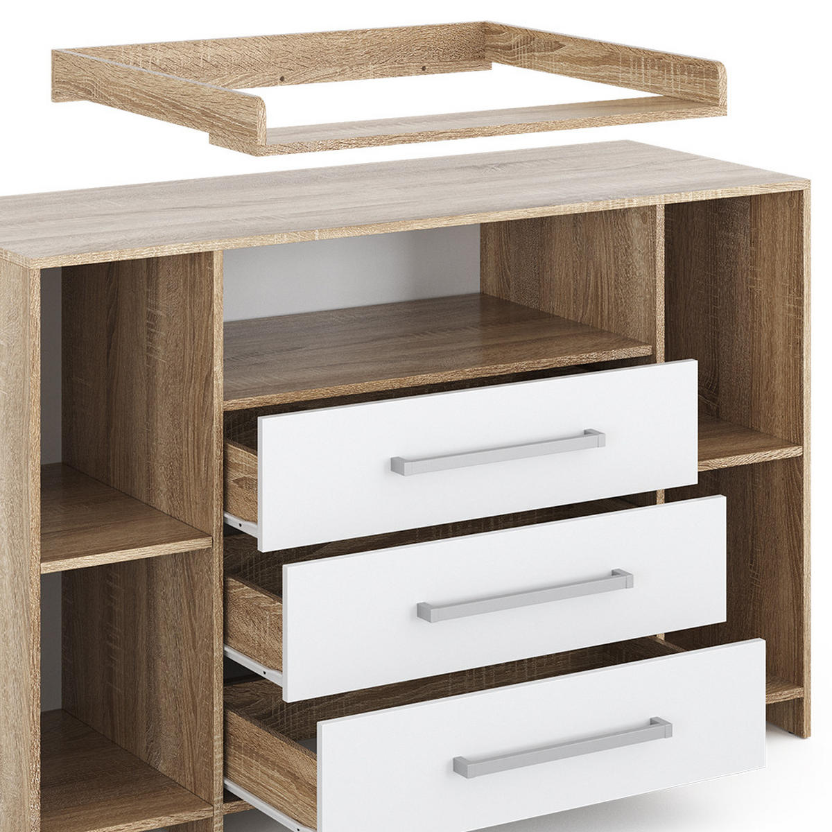WICKELKOMMODE Oskar Sonoma 143 x 100 cm XL mit Schubladen - Weiß/Sonoma Eiche, Holzwerkstoff (143/100/70cm) - Vicco