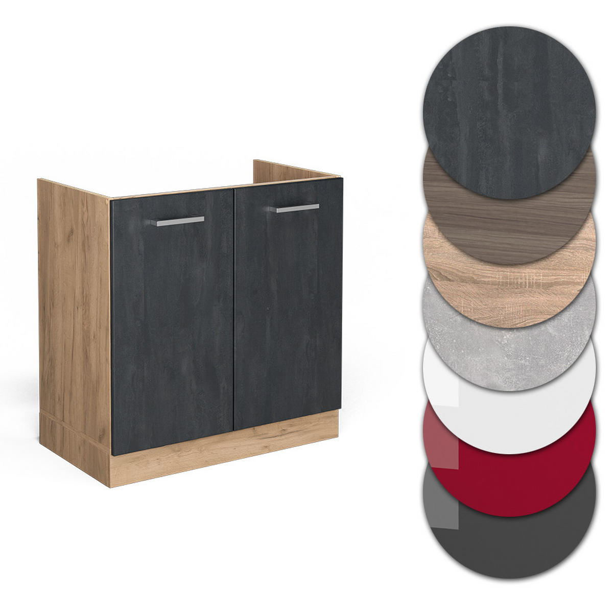 SPÜLENUNTERSCHRANK KÜCHENSCHRANK R-Line Schwarz Beton 80 cm AP Eiche - Eiche Wotan/Schwarz, Holzwerkstoff (80/81.6/60cm) - Vicco