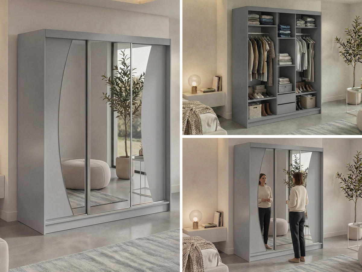 SCHWEBETÜRENSCHRANK mit Schubladen 180 - VERONA - Grau mit Spiegel - Alufarben/Grau, Holzwerkstoff/Metall (180/216/61cm) - MKS