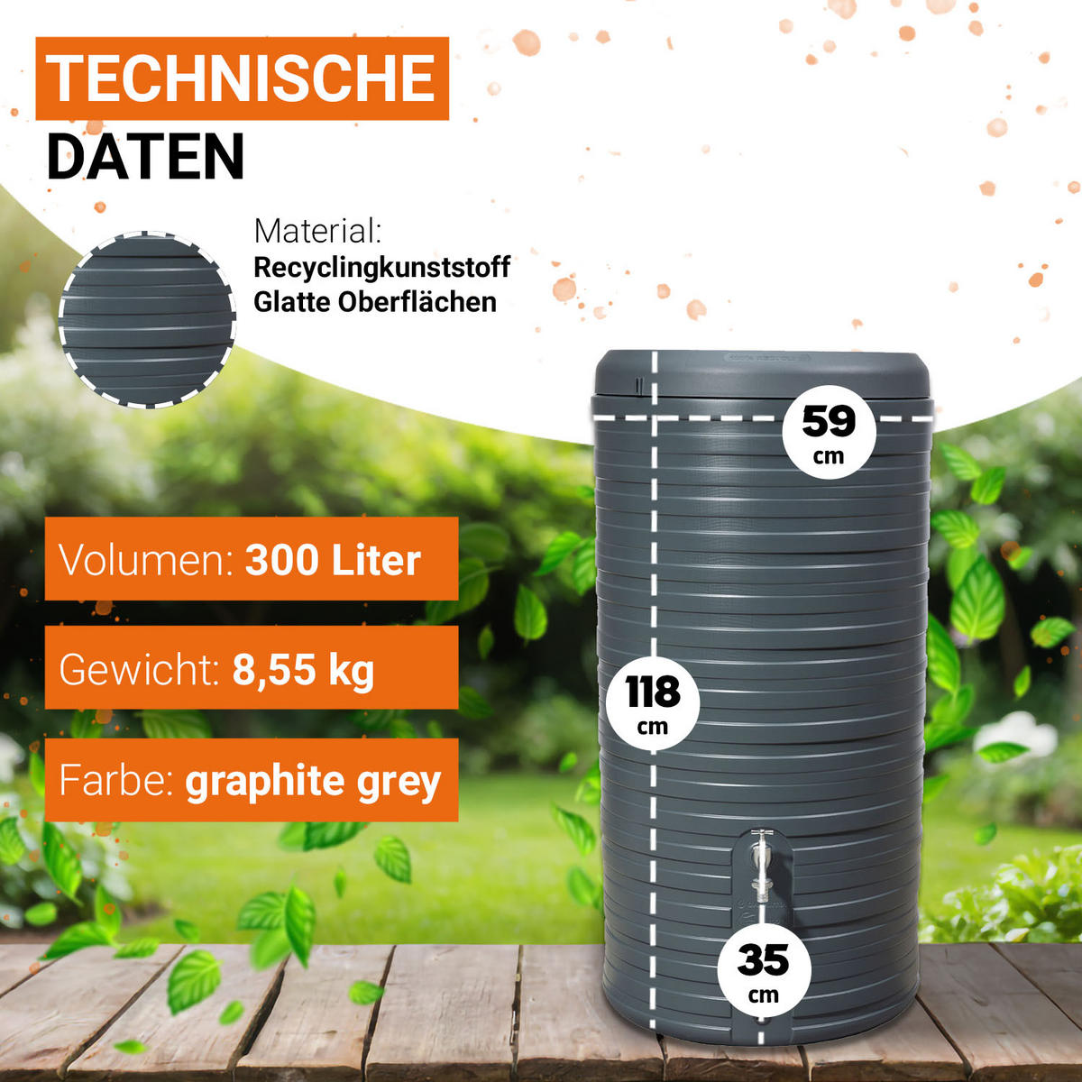 2IN1 Regentonnen Komplett-Set 300 L graphite grey inkl. Chrom-Auslaufhahn und Fallrohranschluss - Graphitfarben, Kunststoff (59/118/59cm) - GARANTIA