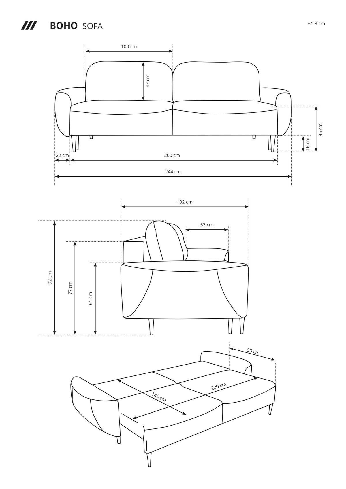 SOFA BOHO Mit Schlaffunktion Und Bettkasten, Wellenfederung, PUR-Schaum, Holzfüße, lose Rückenkissen, freistehend, 244x102x92 cm Beige - Beige, Holz/Textil (244/92/102cm) - DomoHome