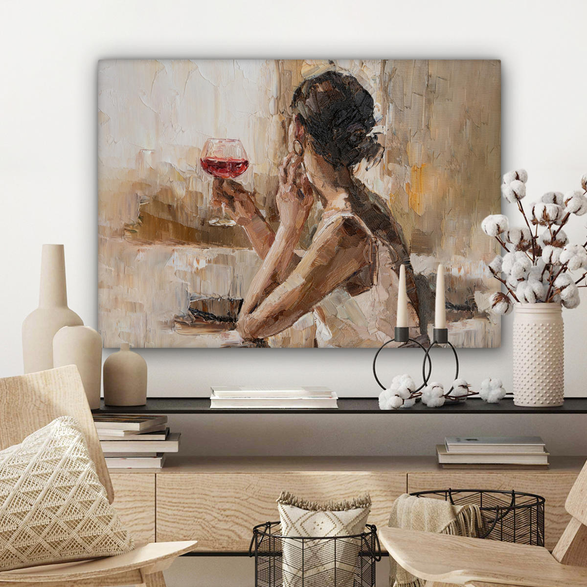 LEINWANDBILD Ölgemälde - Frau - Wein Wandbilder 80x60 cm - Hellbraun, Textil (80/60cm) - MuchoWow