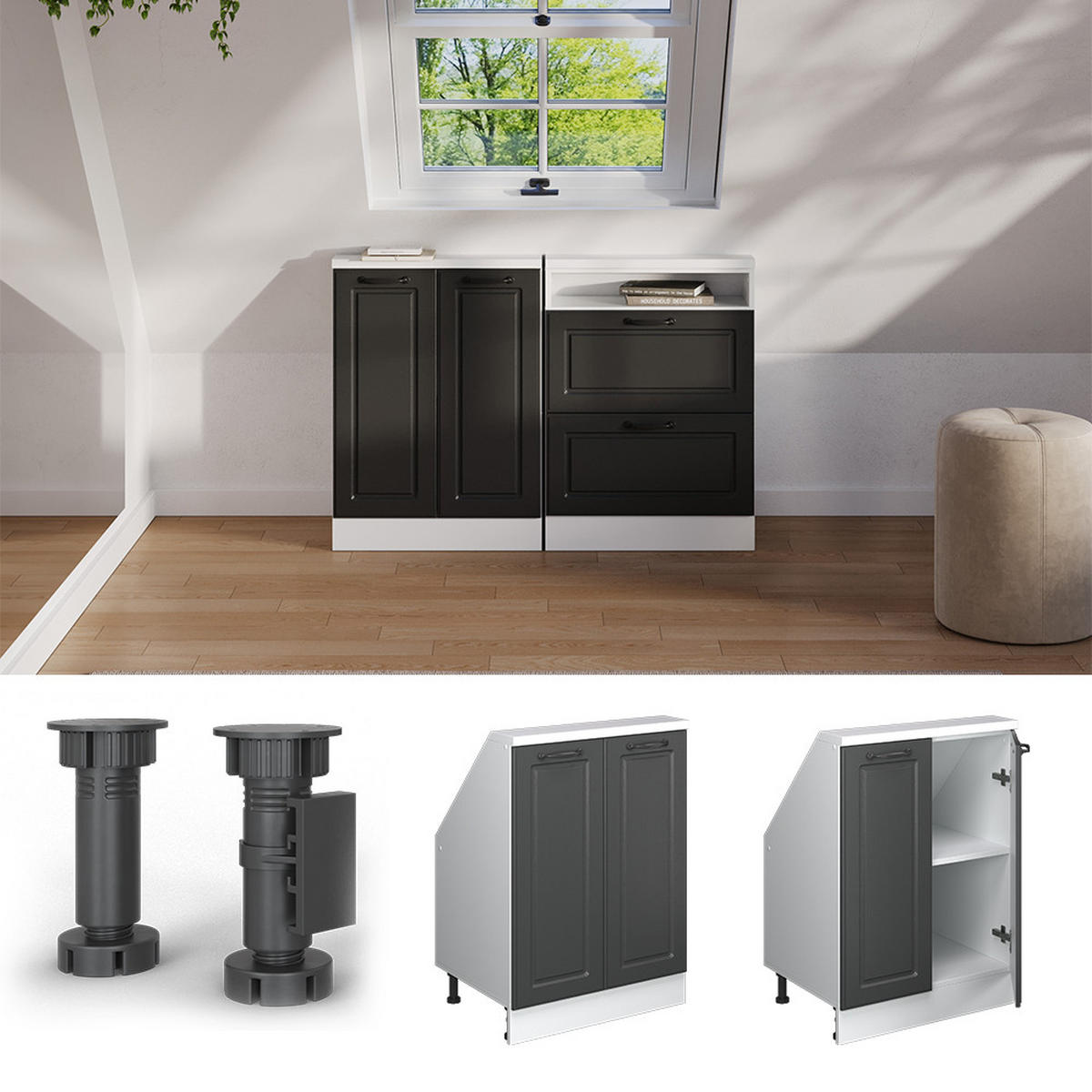 KUCHYŇSKÁ SKŘÍŇKA POD ŠIKMOU STŘECHU R-Line Antracitový venkovský dům/bílá - bílá/antracitová, kompozitní dřevo (60/81.6/46cm) - Vicco