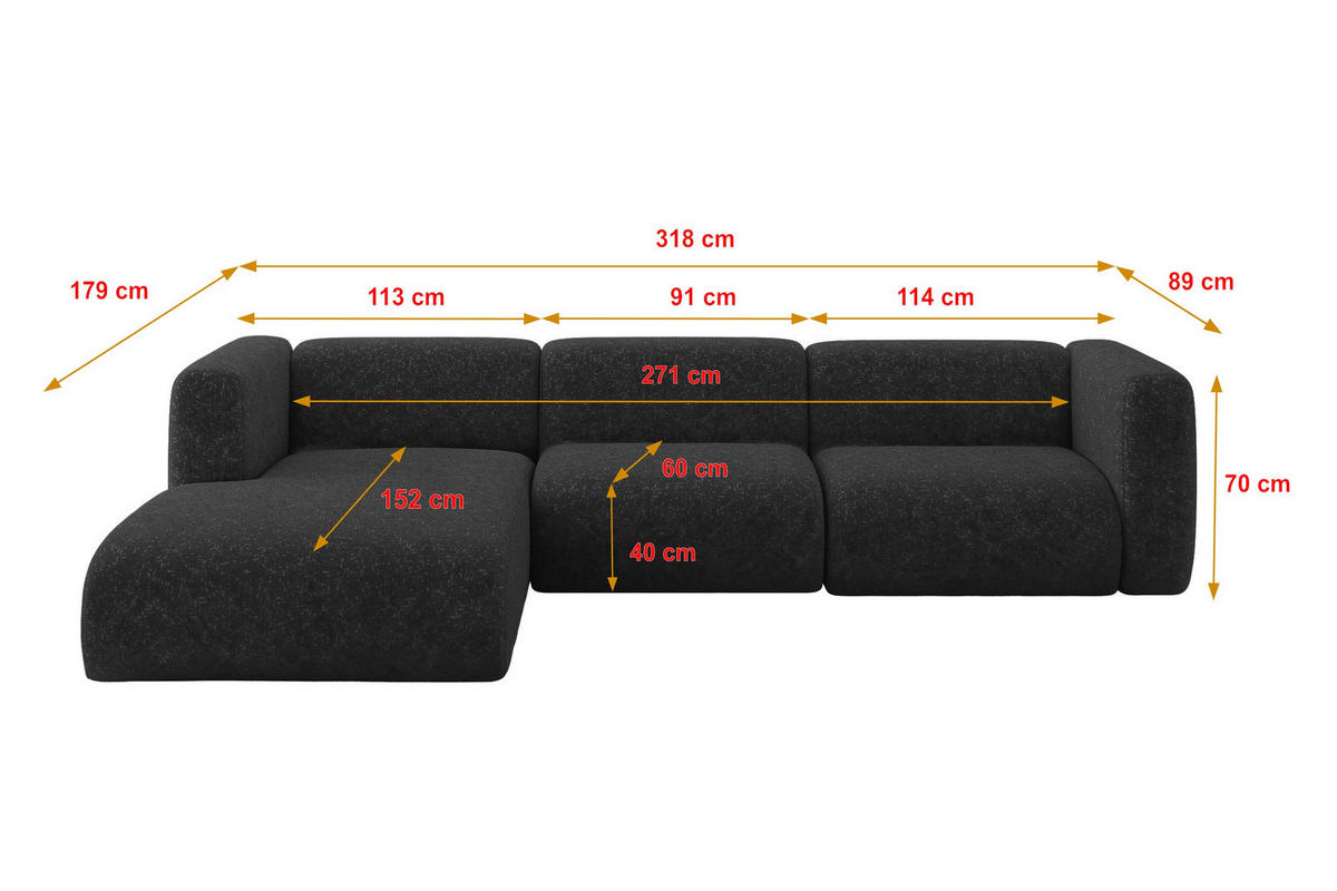ECKSOFA Ottomane Links MIRA-L2 318x179x89 Schwarz Velours - Schwarz, Holzwerkstoff/Kunststoff (318/179cm) - ALTDECOR