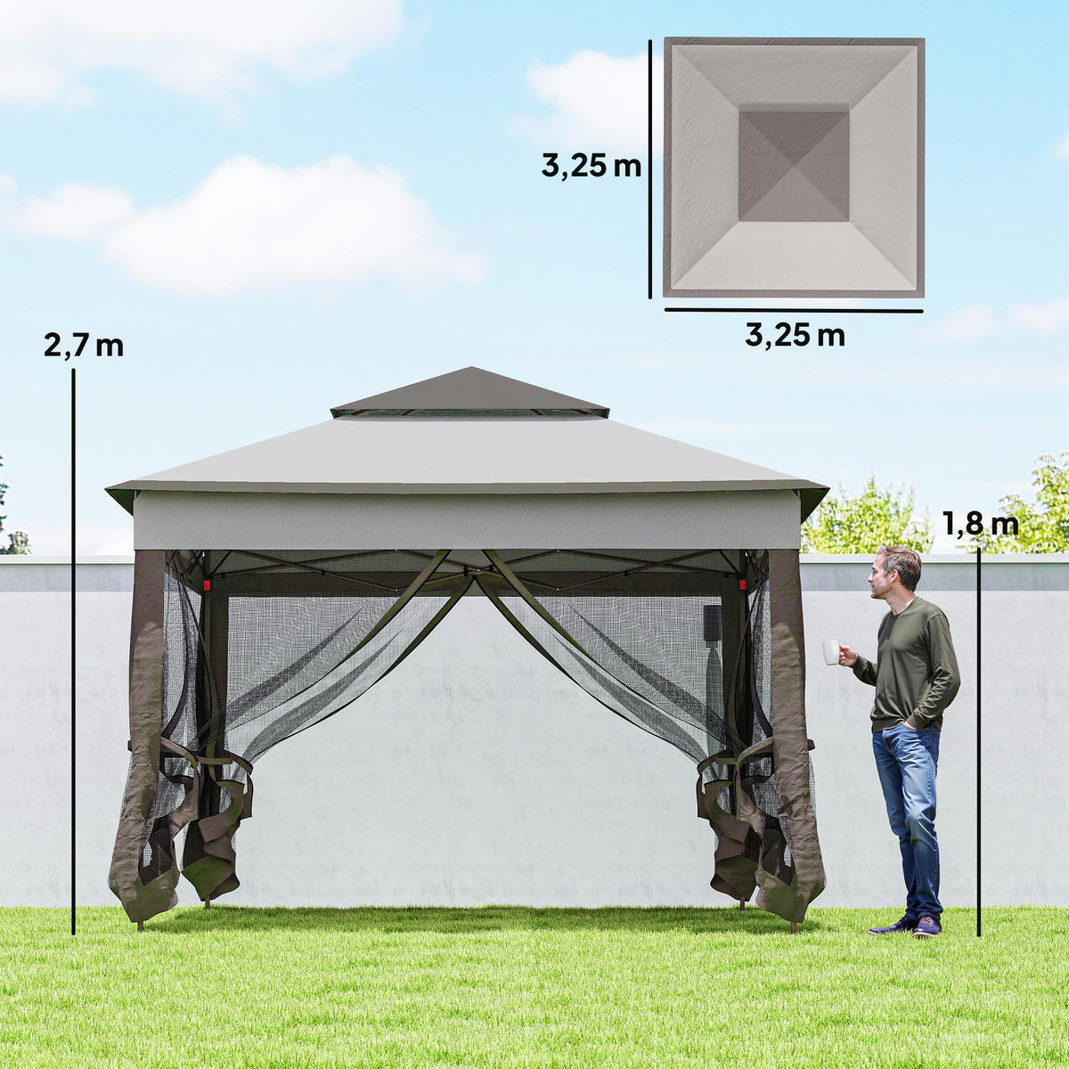 FALTPAVILLON Pavillon Gartenzelt Seitenwänden Pop-up-Zelt 3,25 x 3,25 m Grau - Hellgrau, Metall (325/270/325cm) - Outsunny