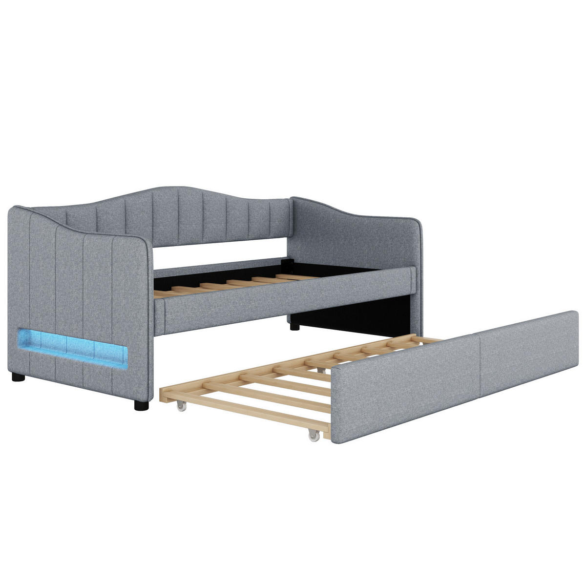 POLSTERBETT 90/200 cm mit LED-Beleuchtung und ausziehbarem Rollbett in Grau - Grau, Textil (90/200cm) - BEAOK