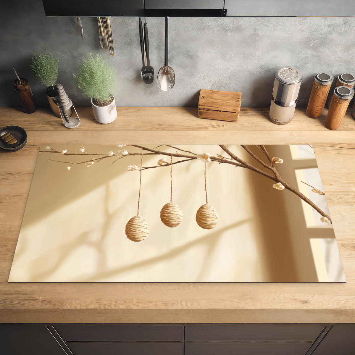 HERDABDECKPLATTE Beige - Osterkuchen - Eier Ceranfeldabdeckung 90x52 cm - Beige, Kunststoff (90/52/0.2cm) - MuchoWow