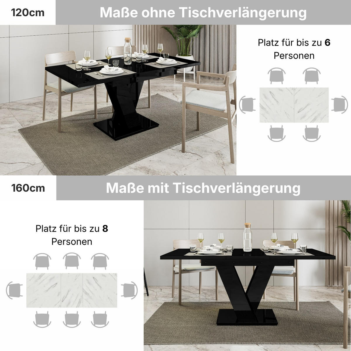 ESSTISCH Schwarz Hochglanz Ausziehbar 120 - 160 cm - Schwarz Hochglanz, Holzwerkstoff (120/80/75cm) - PROSPERO