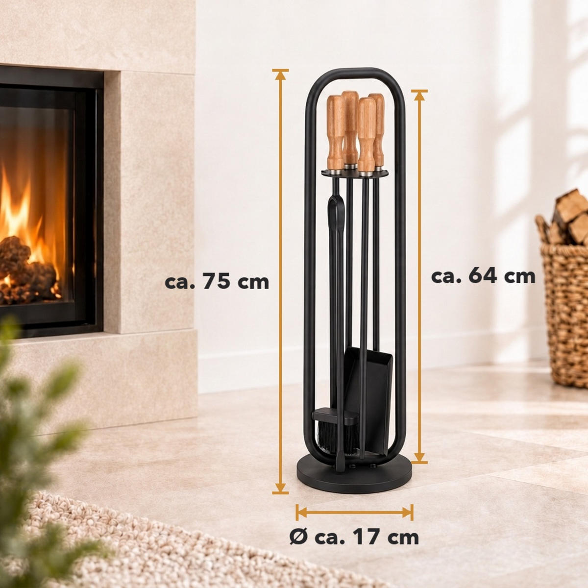 KAMINBESTECK Schwarz Natur 5er-Set Ständer - Schwarz, Holz/Metall (17/75/17cm) - Relaxdays