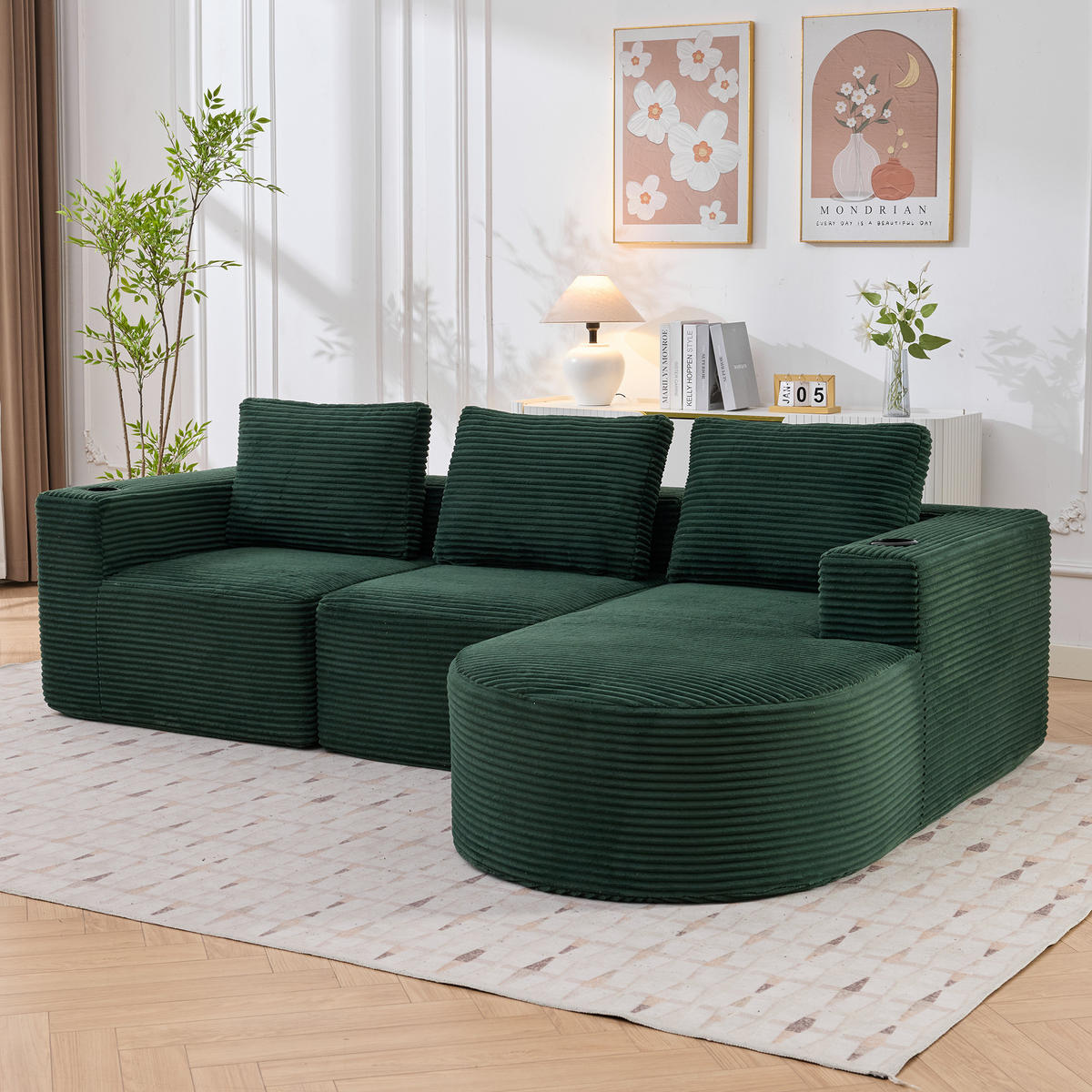2-SITZER ECKSOFA Cord Retrogrün mit 3 Kissen und 2 Becherhalter - Jadegrün, Textil (265/176cm) - WISHDOR