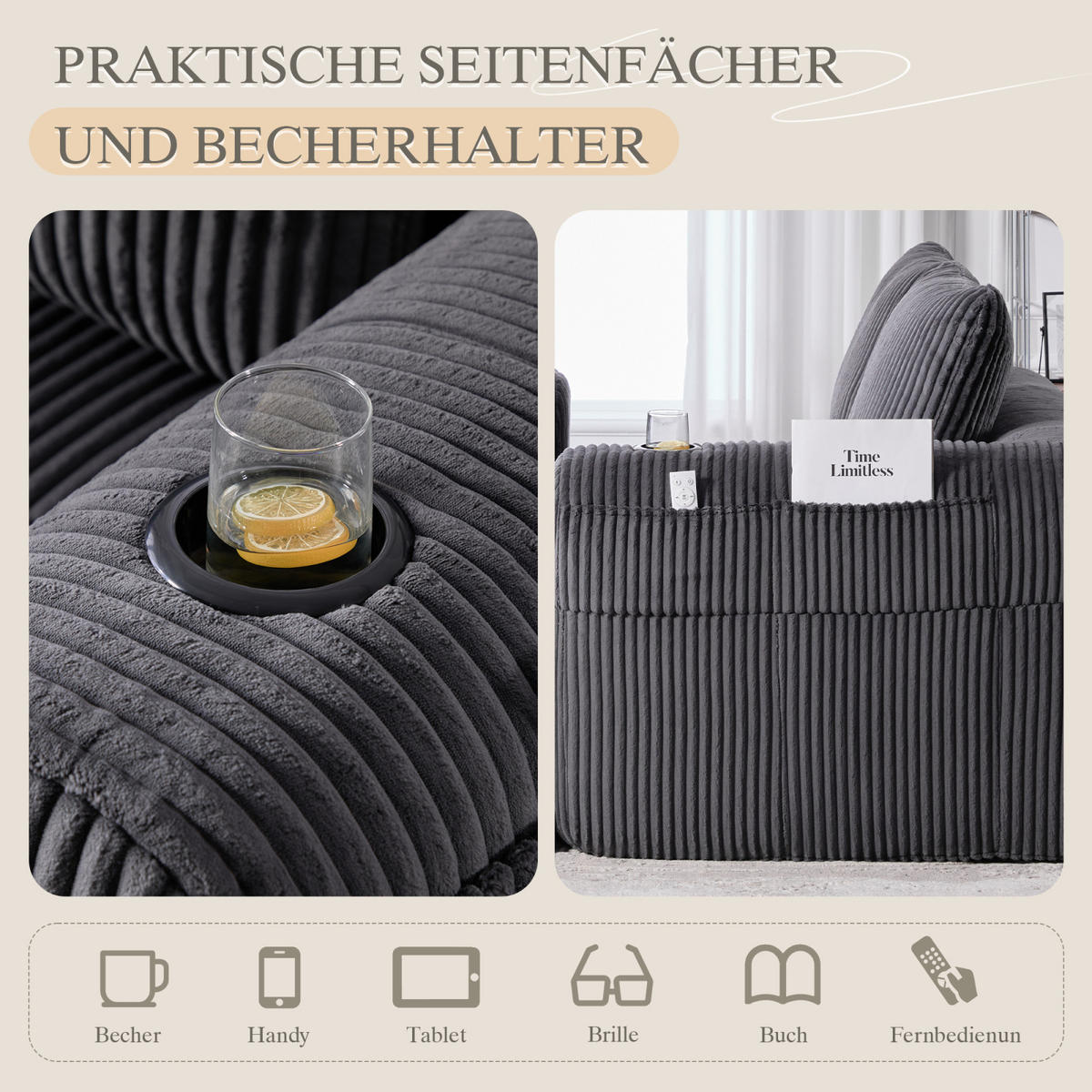 2-SITZER Sofa Grau, Liegesessel Cord mit Getränkehalter und Stauraum, ohne Montage - Grau, Textil (158/61/93cm) - PARAFTA HOME