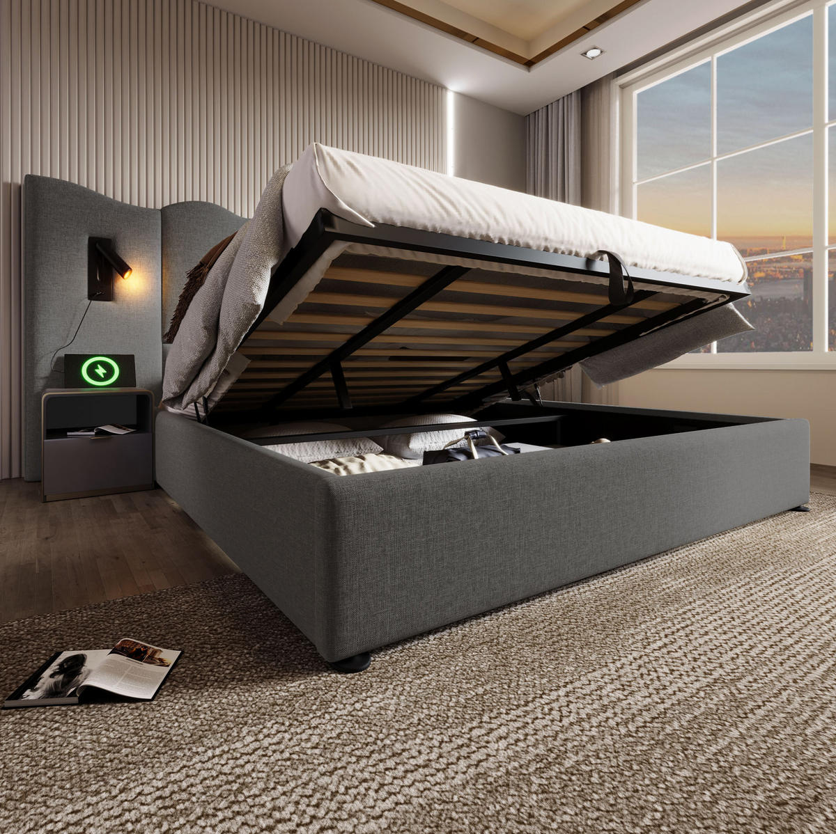 POLSTERBETT 180x200 cm in Grau mit Stauraum, Leselampe und USB-C-Anschlüssen - Grau, Textil (180/200cm) - IVMEU