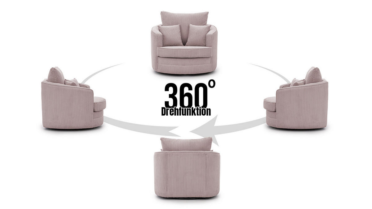 DREHSESSEL Ted aus Puderrosa Cord-Stoff - Pink/Schwarz, Holz/Textil (107/94/100cm) - S-Style Möbel