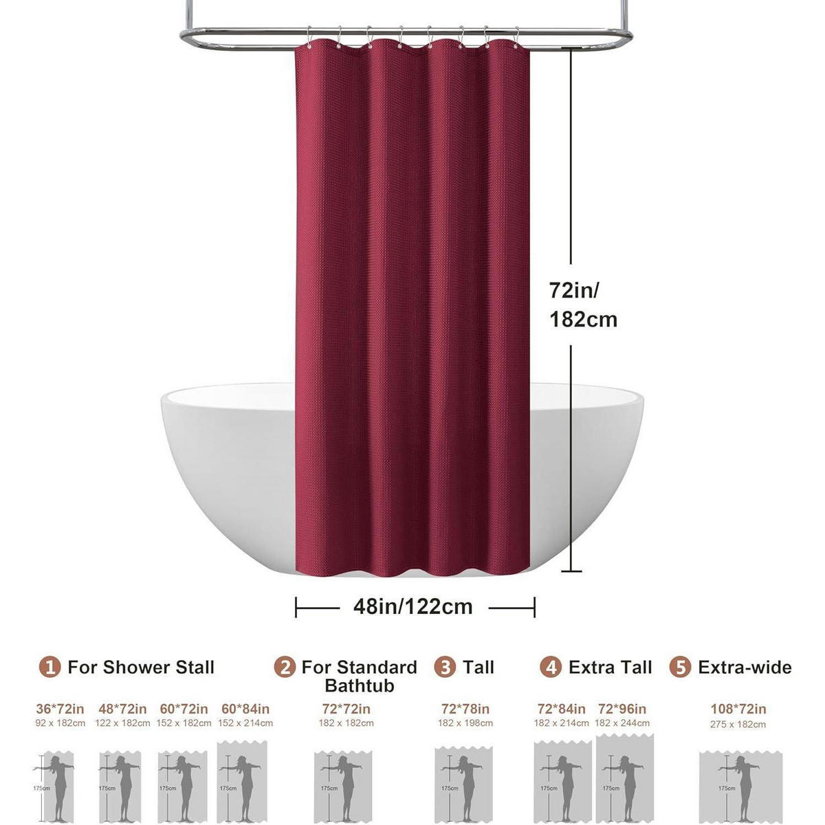 DUSCHVORHANG Waffelstoff 122 x 182 cm Burgunderrot - Bordeaux, Textil (122/182cm)