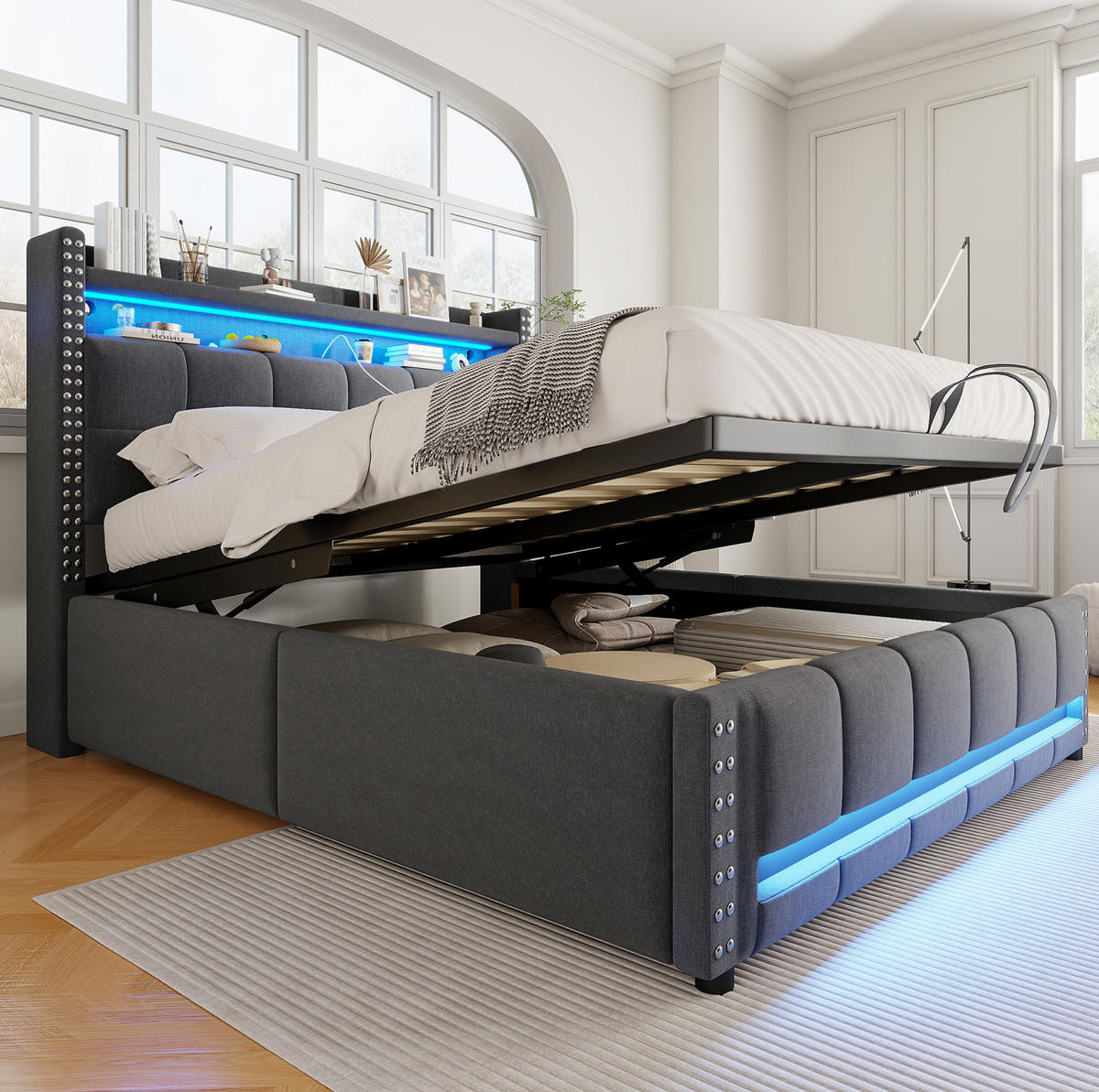 POLSTERBETT aus Leinenstoff 140x200 cm Grau mit LED-Beleuchtung, USB-Anschluss und Bettkasten - Grau, Textil (140/200cm) - IVMEU