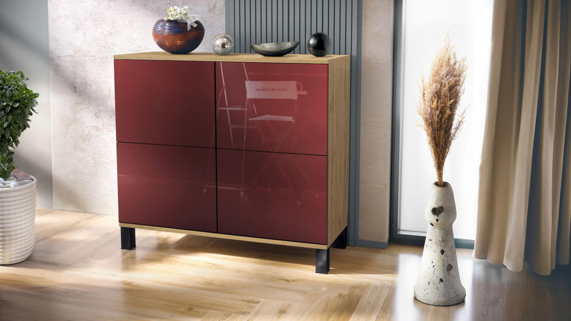 KOMMODE Rova Bordeaux Hochglanz - Bordeaux, Holzwerkstoff (92.5/84.5/35cm) - Vladon