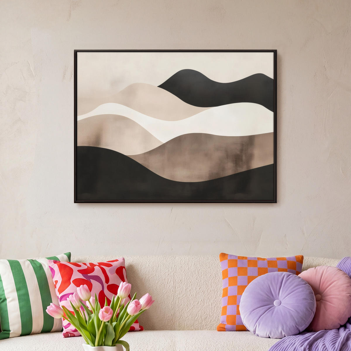 LEINWAND Bilder mit Rahmen - Abstrakt - Landschaft - Wellen - Cremefarben - 70x50 - Cappuccino, Textil (70/50cm) - MuchoWow