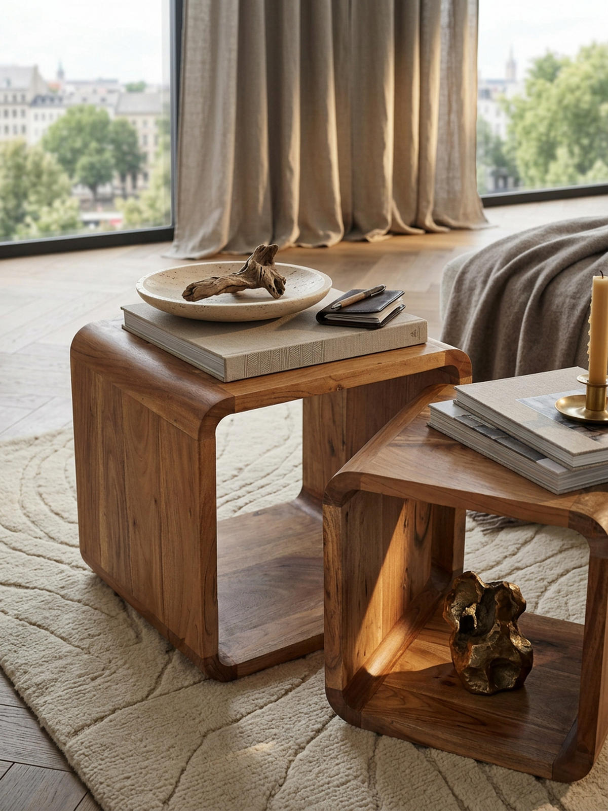 BEISTELLTISCH Set – 2-teilig Akazie Massivholz handgefertigt - Beige/Braun, Holz (36/43/43cm) - KADIMA DESIGN